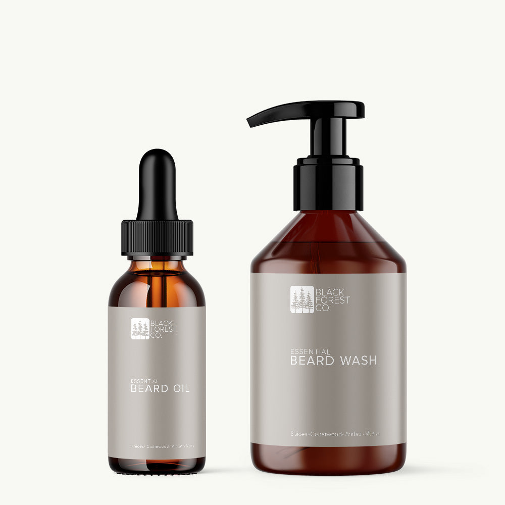 Essential Beard Care Set im Badezimmer – Premium Bartpflege mit Bartöl & Shampoo von Black Forest Co.